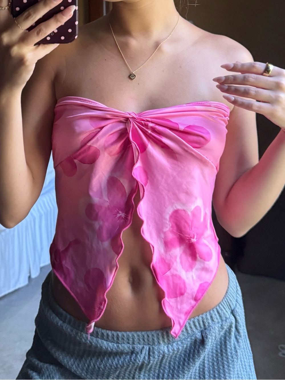 SHEIN Pink Floral Tie-Front Strapless Crop Top